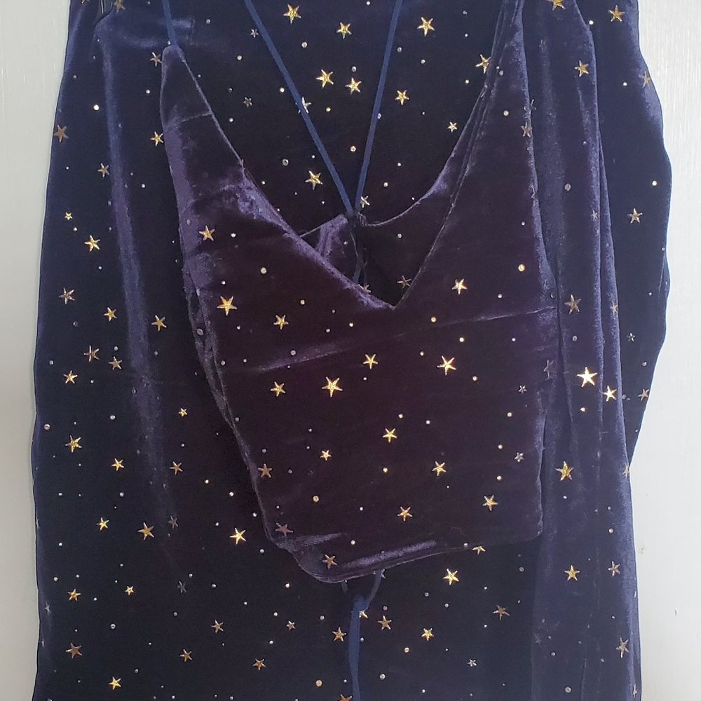 Romwe Dark Blue Velour and Gold Star 🌟 Crop Top and Mini-Skirt Set Size Small